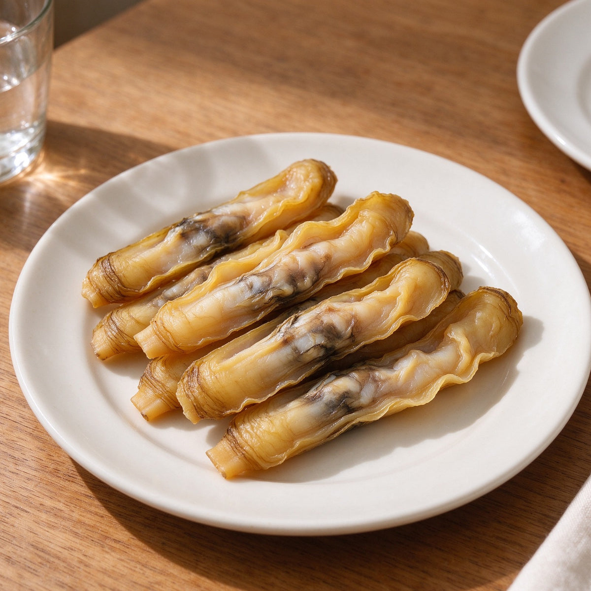 Bamboo clams with ridged olive shells on a metal tray