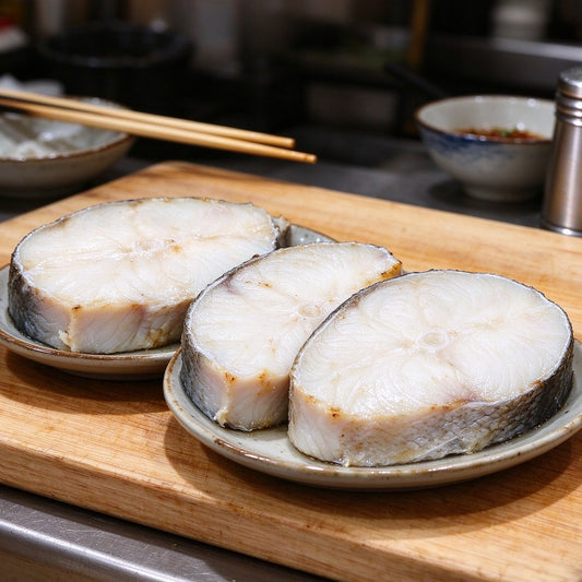 Thick white cod steaks with dark skin on a plate