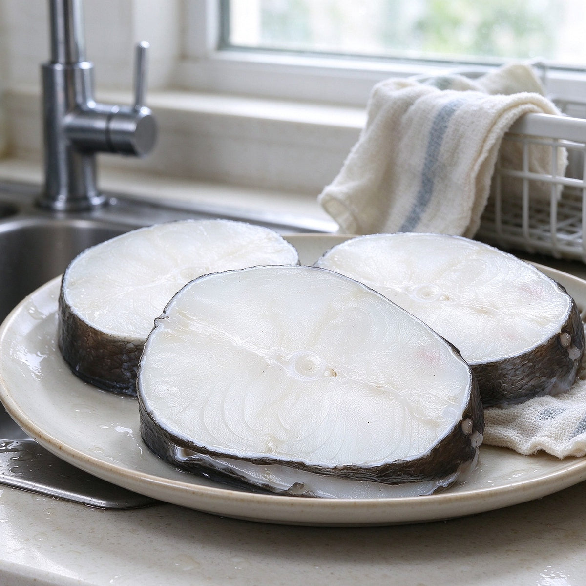 Thick white cod steaks with dark skin on a plate