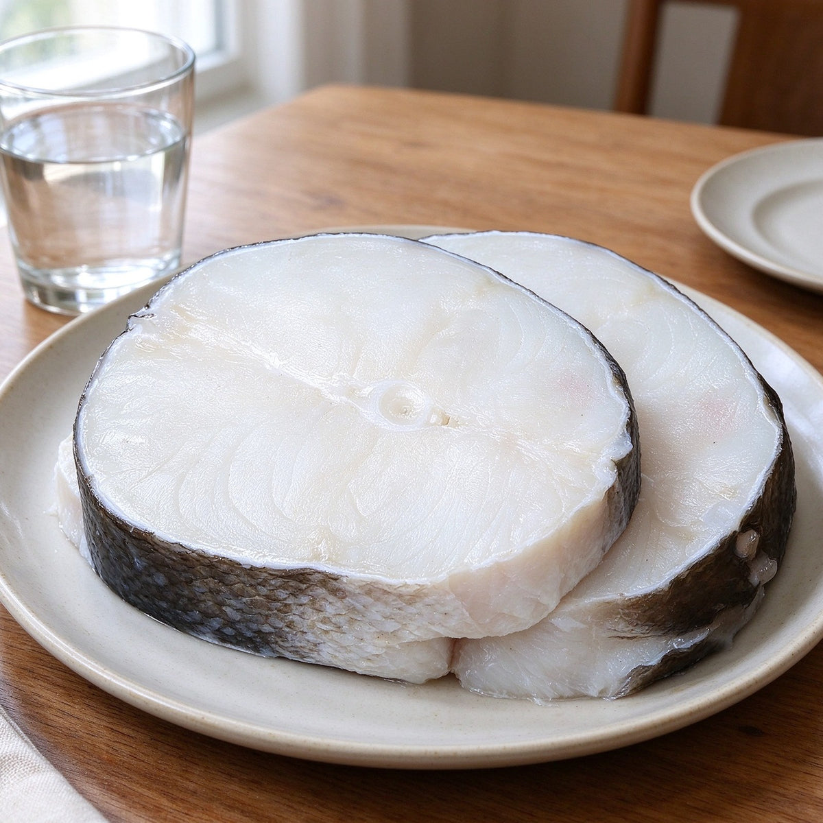 Thick white cod steaks with dark skin on a plate