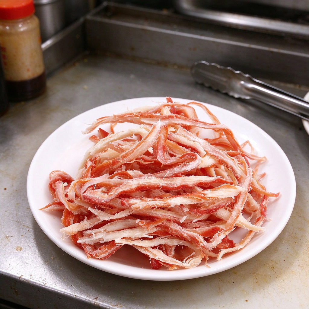 Red and white crab meat strands piled on a plate