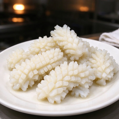 Scored squid pieces with a cross-hatch pattern on a plate
