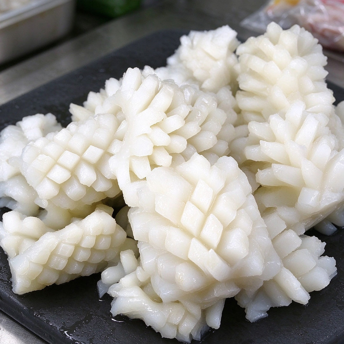 Scored squid pieces with a cross-hatch pattern on a plate
