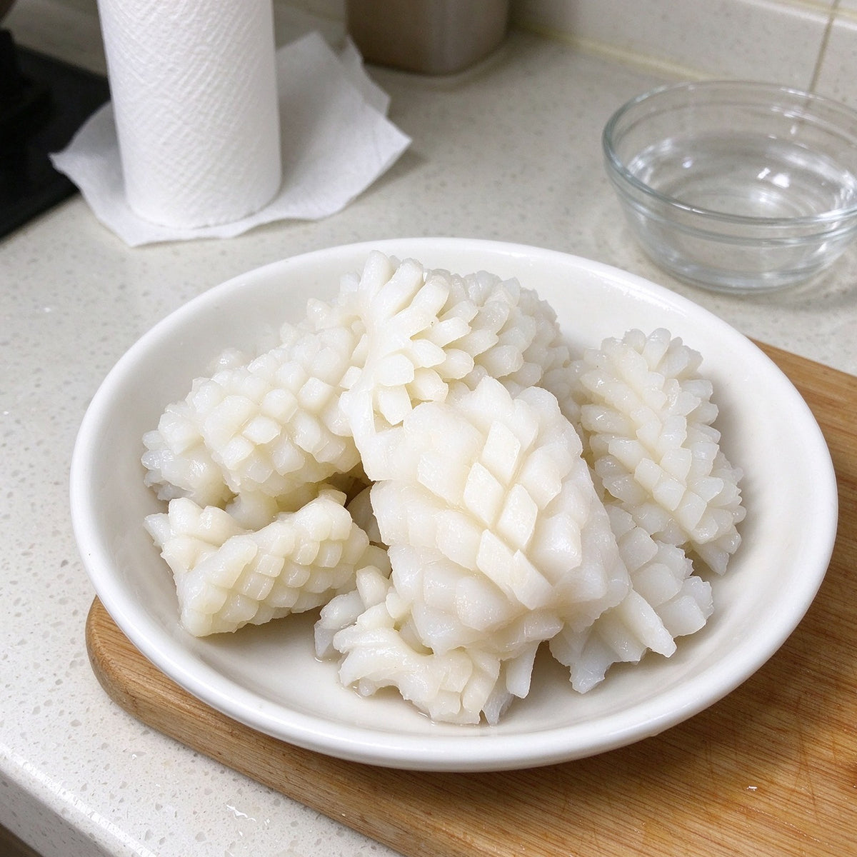 Scored squid pieces with a cross-hatch pattern on a plate