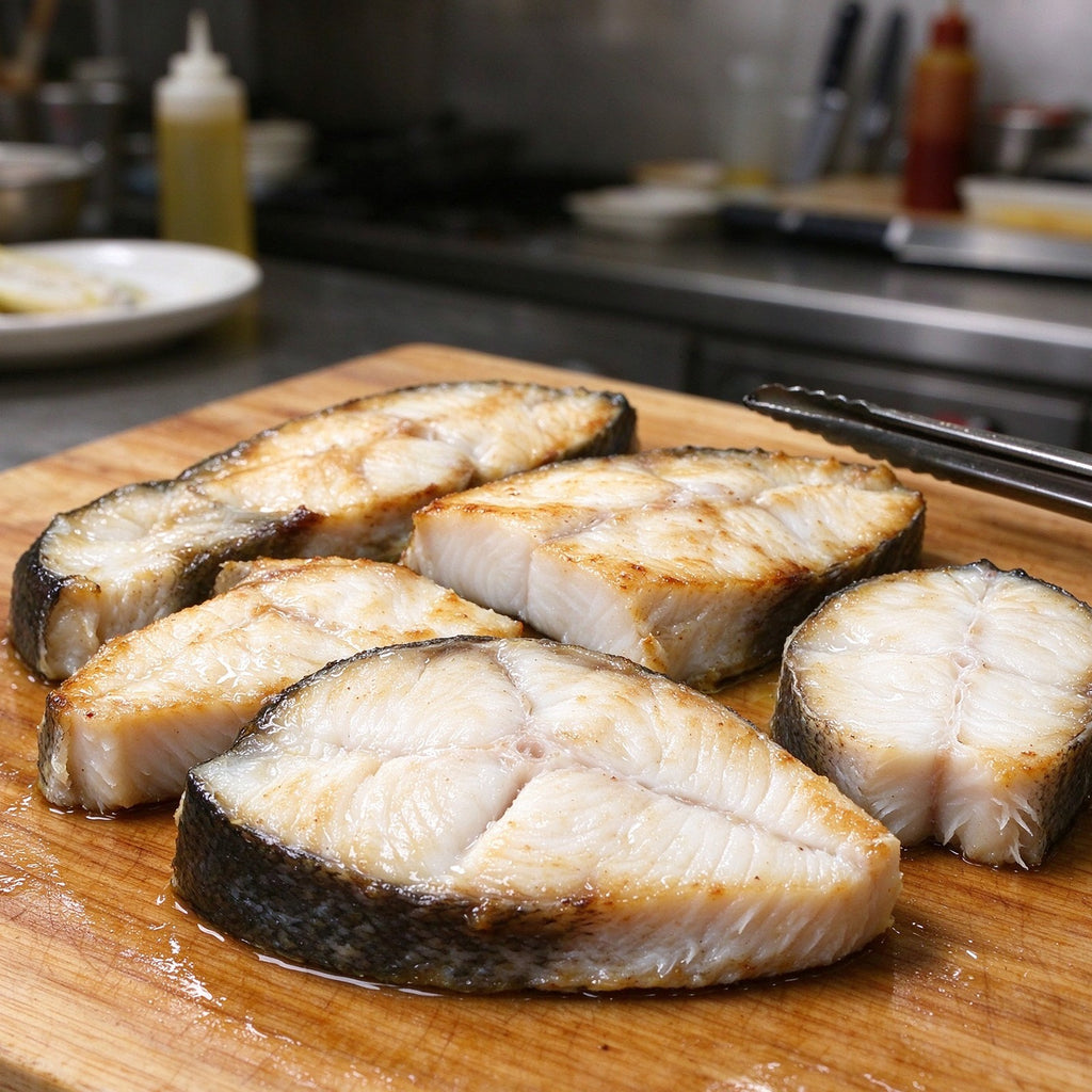Thick halibut steaks with dark skin on a steel tray
