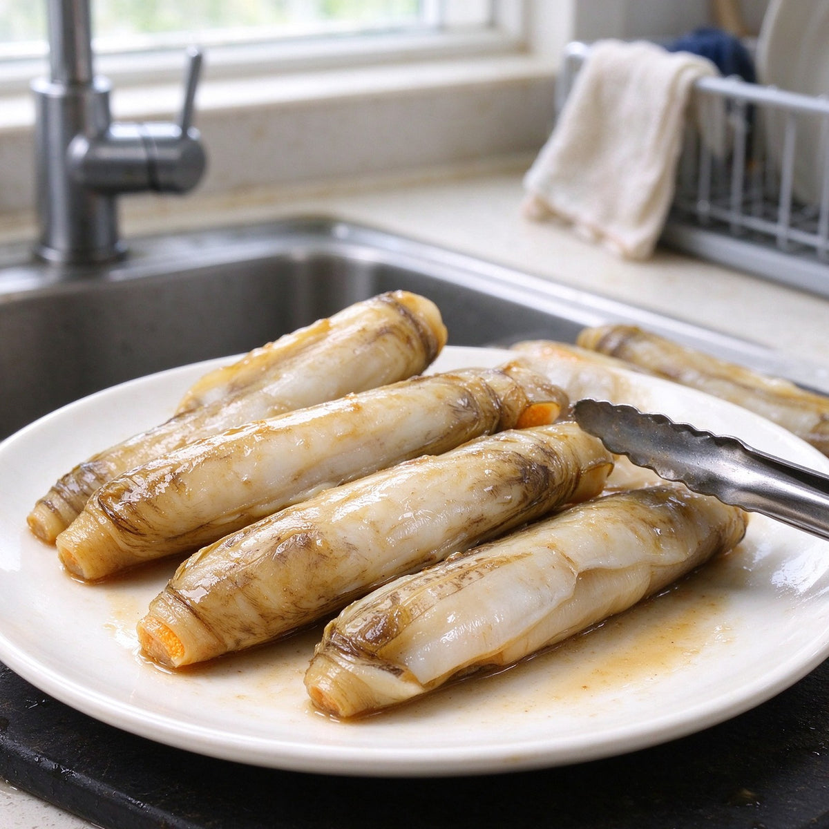 Jumbo razor clams arranged on a serving plate