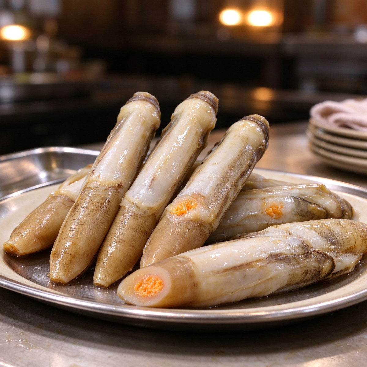 Jumbo razor clams arranged on a serving plate