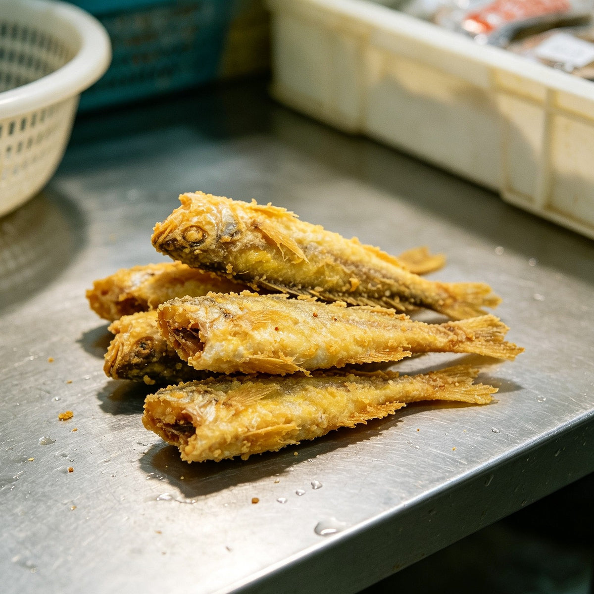 Whole yellow croakers with golden skin on a wooden board