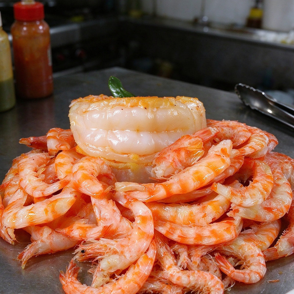 Pile of cooked orange shrimp on a white plate