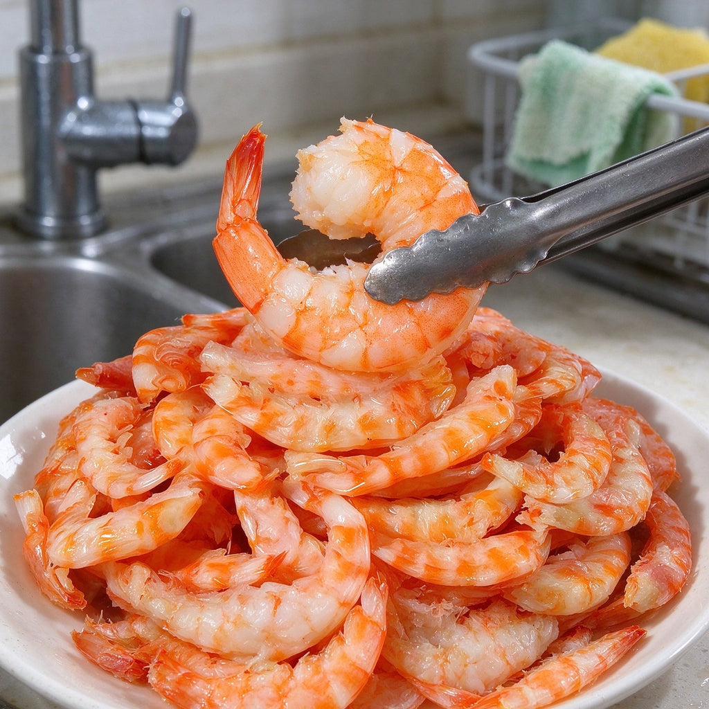 Pile of cooked orange shrimp on a white plate